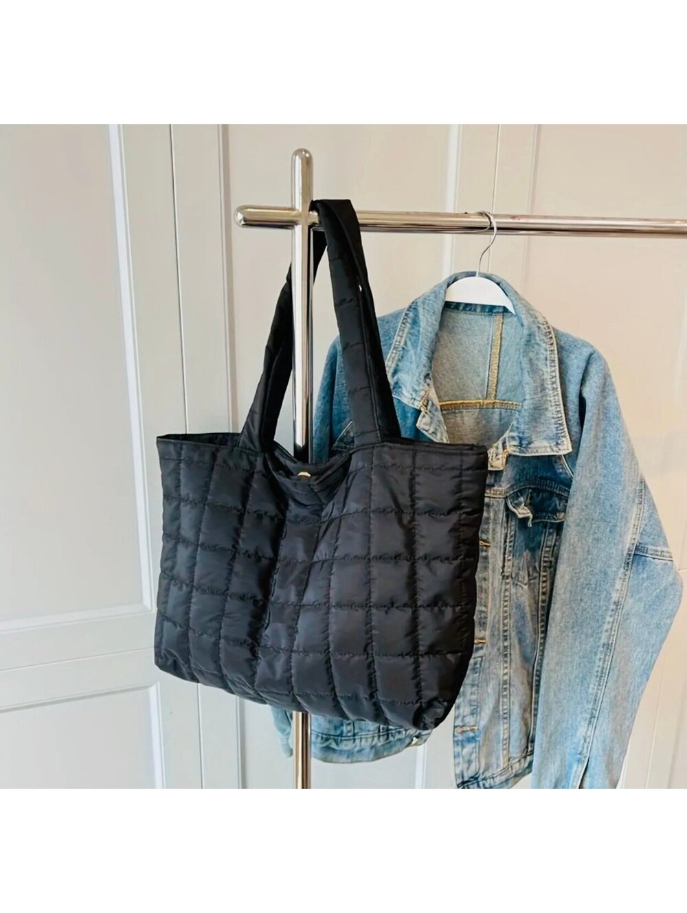 New - Retro -Large Capacity Quilted Puffer Tote Bag - Black
